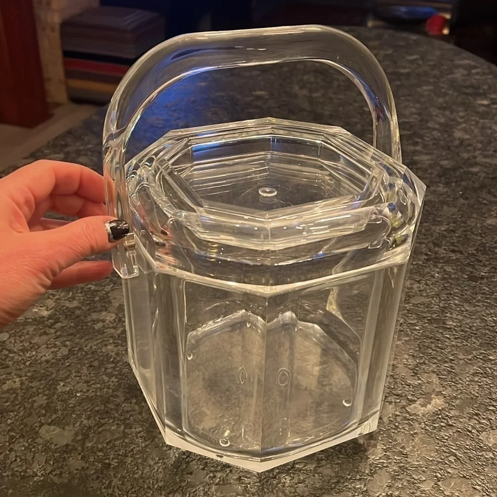 MCM Large Lucite Clear Crystal Ice Bucket With Handle Lid and Tongs
